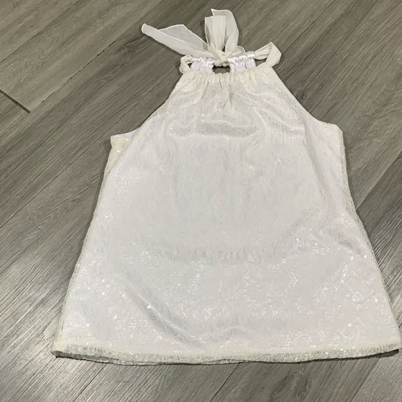 Tahari Black Lace Sparkle Tie White Bow Halter Style Evening Cocktail Blouse - Picture 3 of 10